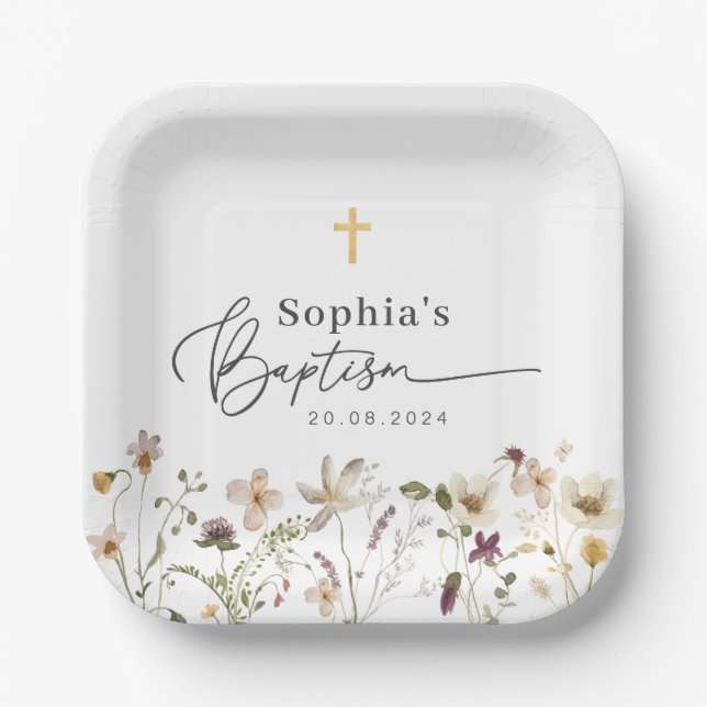 Assiettes En Carton Baptême fleur sauvage (Recto)