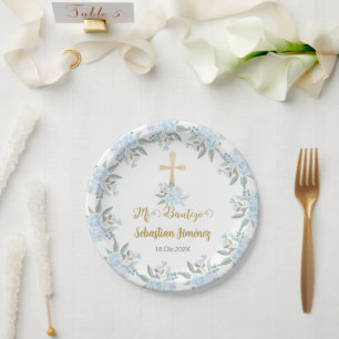 Assiettes En Carton Baptême floral bleu