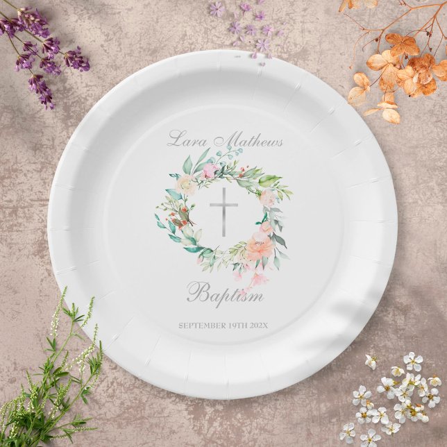 Assiettes En Carton Baptême Floral Croix Argentée  (Créateur téléchargé)