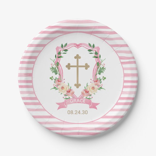 Assiettes En Carton Baptême floral rose (Devant)