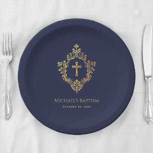 Assiettes En Carton Baptême Garçon Marine Bleu Faux Gold Crest Religie