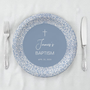 Assiettes En Carton Baptême Garçon Motif Floral Bleu Blanc
