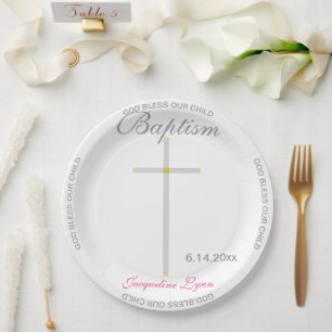 Assiettes En Carton Baptême Girl Nom rose Croix d'argent