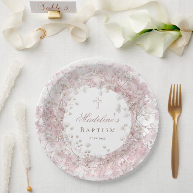 Assiettes En Carton Baptême gypsophile rose bébé (Mariage)