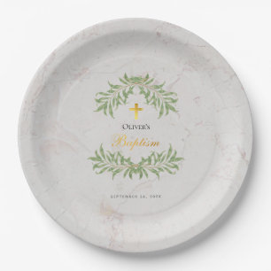 Assiettes En Carton Baptême Marbre Foliage Verdure Faux Gold Script