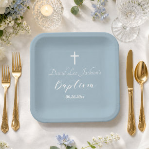 Assiettes En Carton Baptême Moderne Christening Croix Blanche Bleu Pou