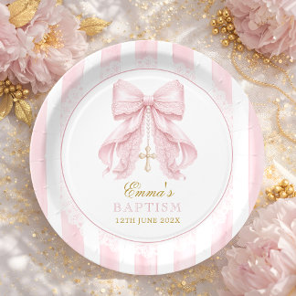 Assiettes En Carton Baptême Nœud Rose Bébé Fille
