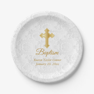 Assiettes En Carton Baptême personnalisé dans le Damas blanc et l'or