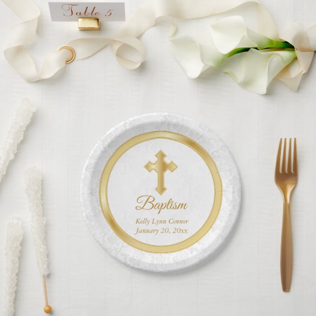 Assiettes En Carton Baptême personnalisé en joli blanc Damas et or (Mariage)