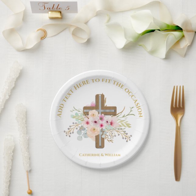 Assiettes En Carton Baptême personnalisé et croix florale (Mariage)