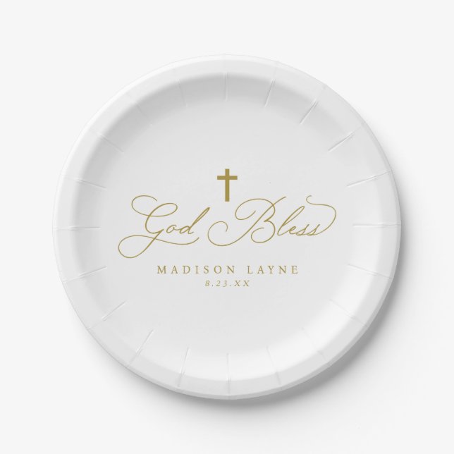 Assiettes En Carton Baptême Première communion Gold Dieu béni Croix (Devant)