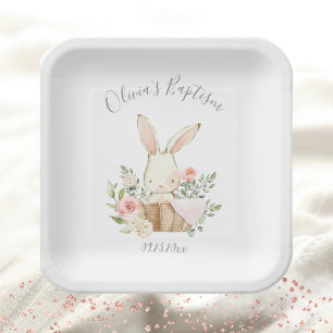 Assiettes En Carton Baptême rose Blush Lapin Lapin Fille Bébé