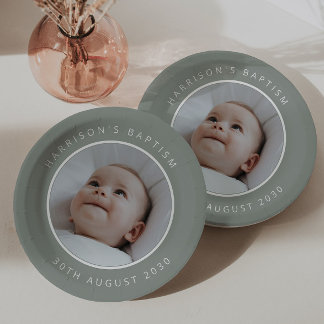 Assiettes En Carton Baptism Round Photo Sage