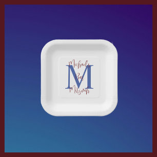 Assiettes En Carton Bar Mitzvah Blanc Bleu Bourgogne Nom Monogramme