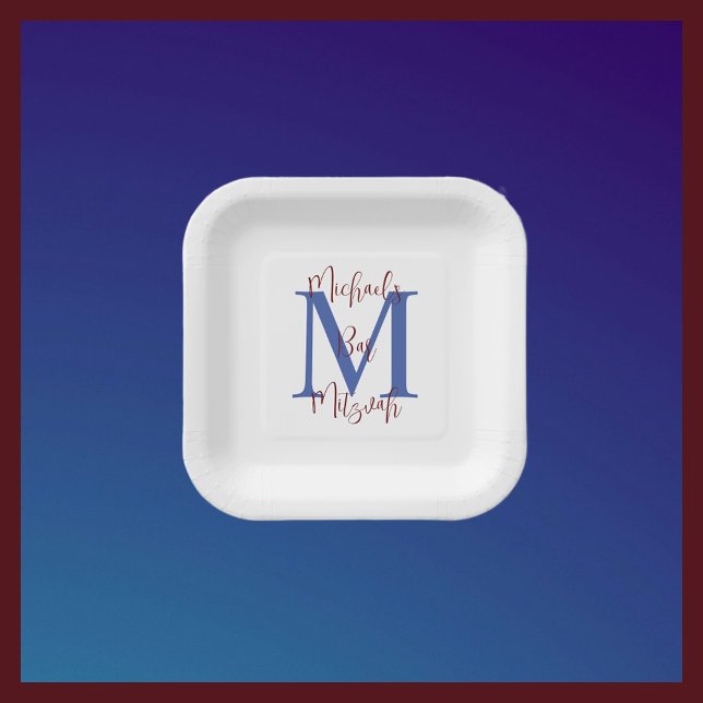 Assiettes En Carton Bar Mitzvah Blanc Bleu Bourgogne Nom Monogramme (Créateur téléchargé)