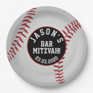 Assiettes En Carton Barre de baseball personnalisée Mitzvah Rouge Noi