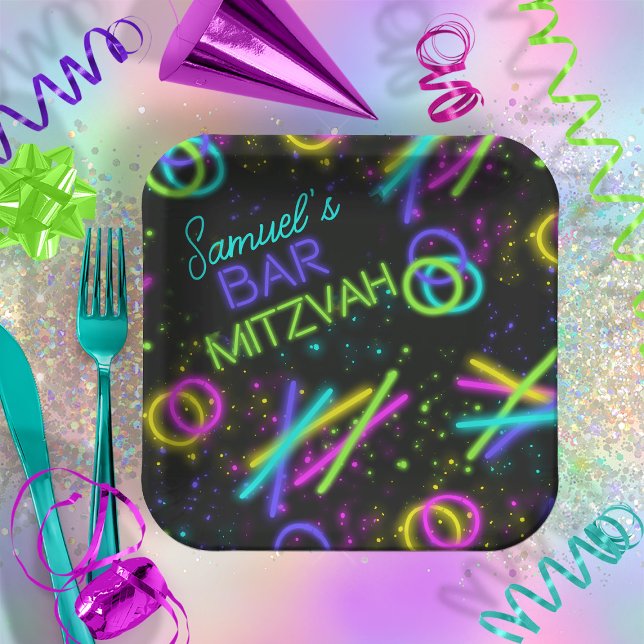 Assiettes En Carton Barre de manchons à lents Neon Mitzvah ID991 (In Situ)
