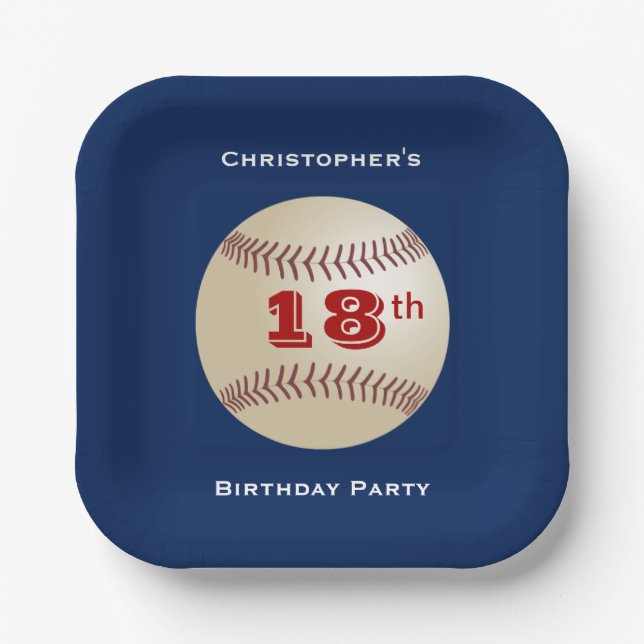 Assiettes En Carton Baseball, 18ème anniversaire Carré bleu (Recto)