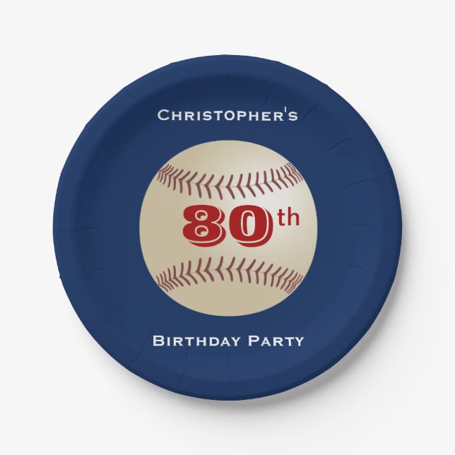 Assiettes En Carton Baseball 80th Birthday Party Blue, Nom, (Devant)