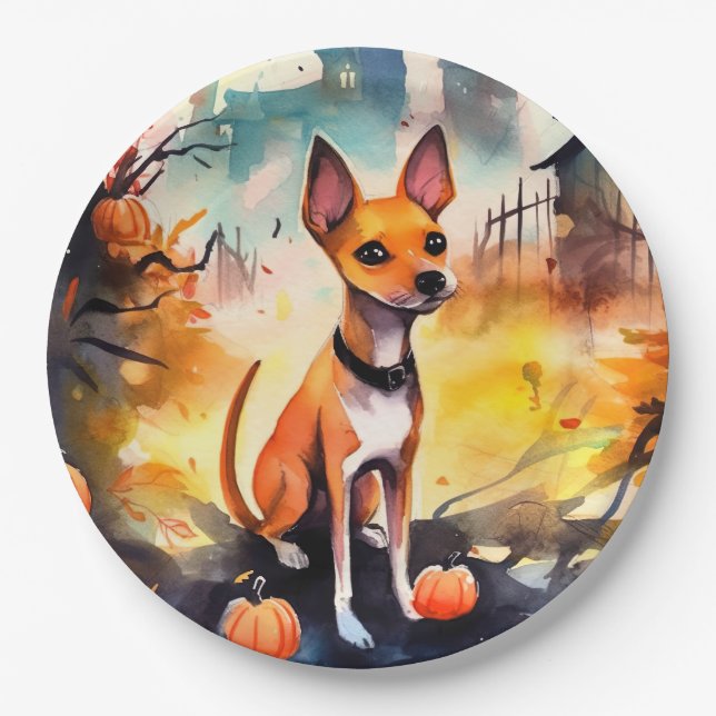 Assiettes En Carton Basenji D'Halloween Avec Peur Citrouille (Devant)
