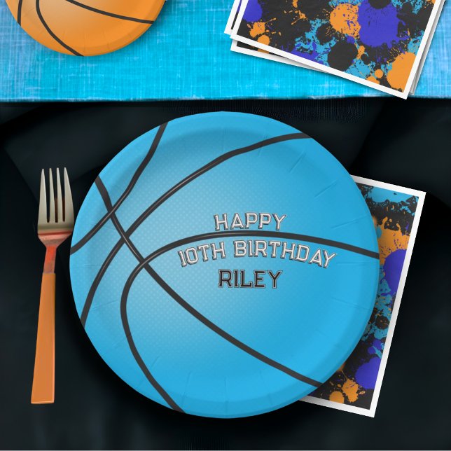 Assiettes En Carton Basket Bleu clair Joyeux Anniversaire Nom (Créateur téléchargé)