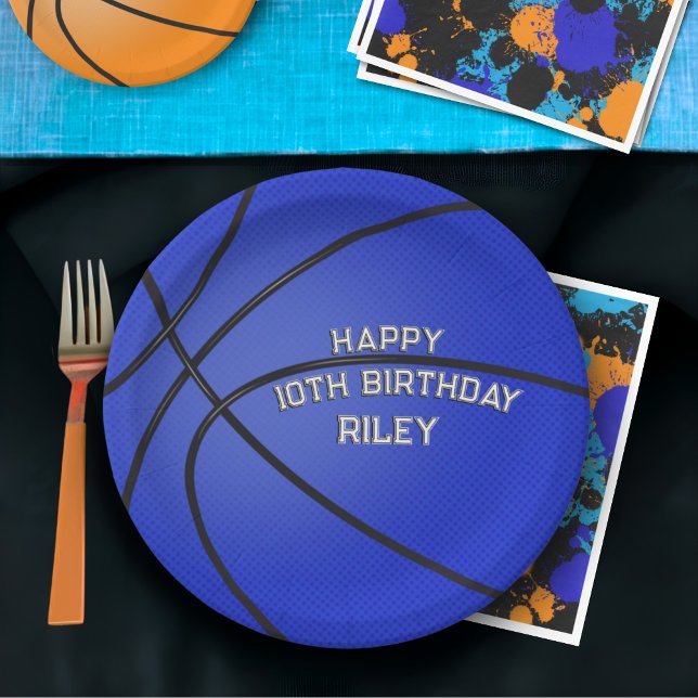 Assiettes En Carton Basket Bleu foncé Joyeux Anniversaire Nom (Créateur téléchargé)