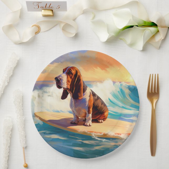 Assiettes En Carton Basset Hound Beach Surf Peinture (Mariage)
