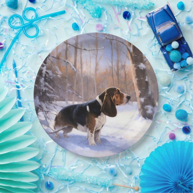 Assiettes En Carton Basset Hound Laisser neiger Noël (Fête)
