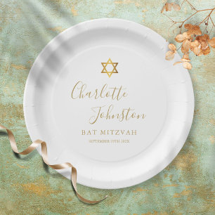 Assiettes En Carton Bat Mitzvah, Bar Mitzvah Élégant Script Doré