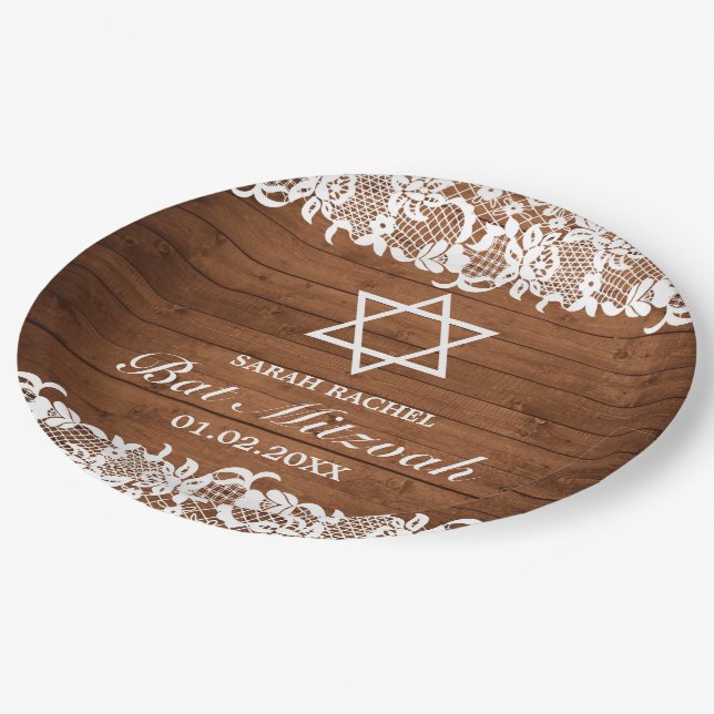 Assiettes En Carton Bat mitzvah de bar en dentelle rustique et blanc (Angle)