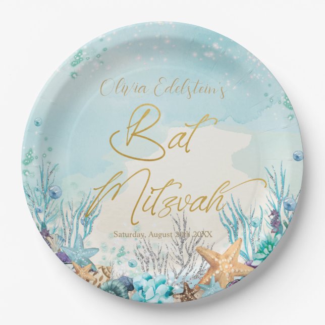 Assiettes En Carton Bat mitzvah Under the Sea Beach 12e anniversaire (Devant)
