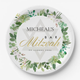 ASSIETTES EN CARTON BAT MITZVAH WREATSTAR BAR GREEN GOLD FOLIAGE