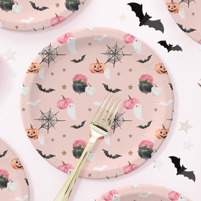 Assiettes En Carton Bat Web Citrouille Halloween rose et orange amusan (Fun Halloween Pink & Orange Pumpkin Spider Web Bat Paper Plates)
