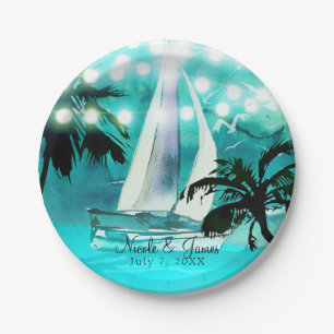 Assiettes En Carton Bateau à voile aquarelle palmiers et guirlandes lu