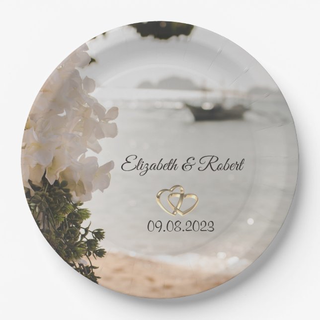 Assiettes En Carton Bateau à voile Fleurs Plage Mariage (Devant)