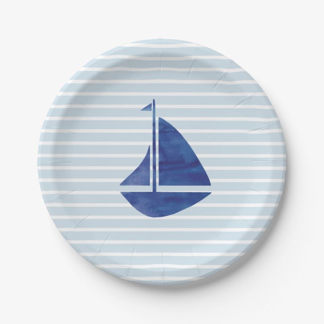 Assiettes En Carton Bateau à voile Nautique Océan Bleu Bleu Grille Pap (Devant)
