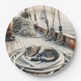 Assiettes En Carton Bateau À Voile Tabby Chat Dormir Sur Les Cordes