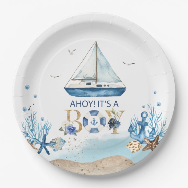 Assiettes En Carton Bateau bleu nautique Ahoy C'est un Baby shower gar (Devant)