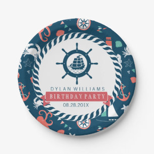 Assiettes En Carton Bateau bleu nautique Roue et Motif Marine Life