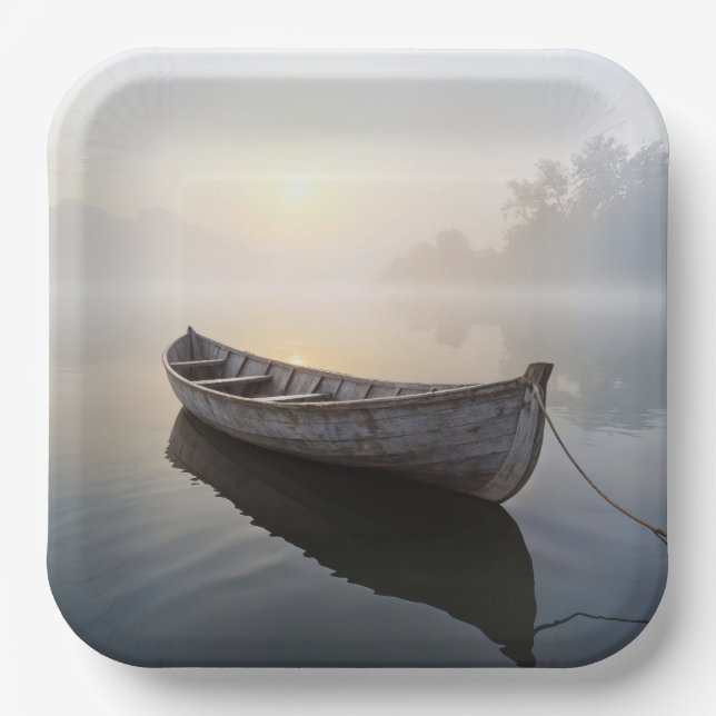 Assiettes En Carton Bateau en bois rustique sur un lac calme (Recto)