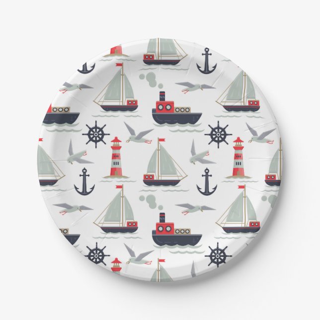 Assiettes En Carton Bateau nautique Voilier Bébé Garçon Douche Party (Devant)