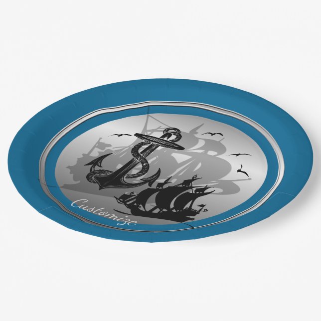 Assiettes En Carton Bateau pirate et Ancres Plaques en silhouette noir (Angle)