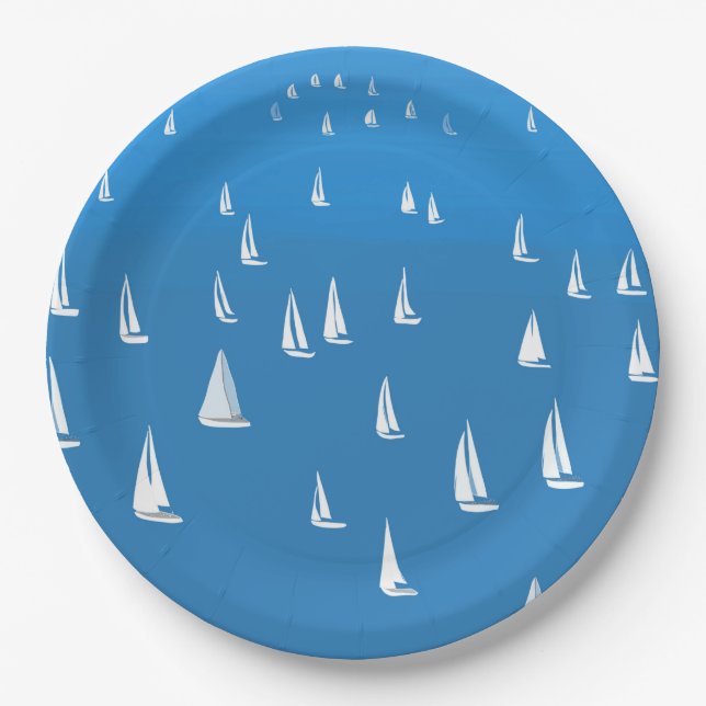 Assiettes En Carton Bateaux à voile en mer bleu profond - Regatta Bate (Devant)
