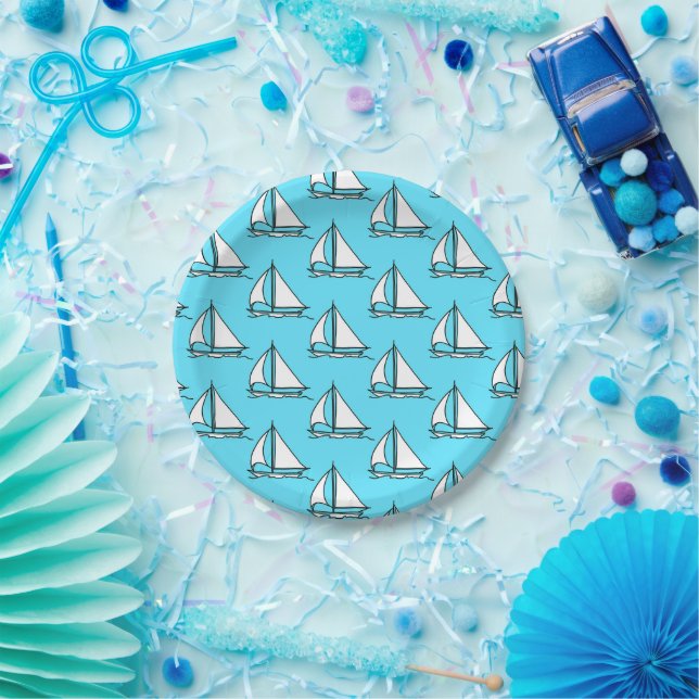 Assiettes En Carton Bateaux À Voiles Sur La Mer Bleue Motif (Fête)