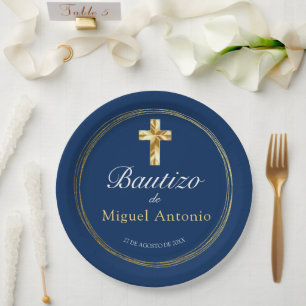 Assiettes En Carton Bautizo Bebé Niño Cruz de Oro y Azul Marino