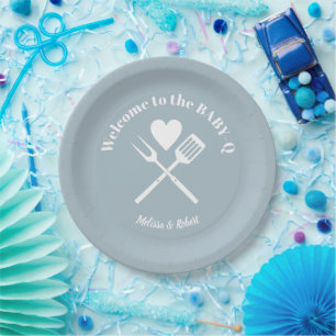Assiettes En Carton BBQ Baby shower BABY-Q bleu massif moderne