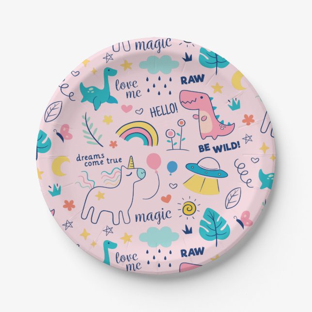 Assiettes En Carton Be Wild Rose Dinosaur Rainbow Unicorn Girls Party (Devant)