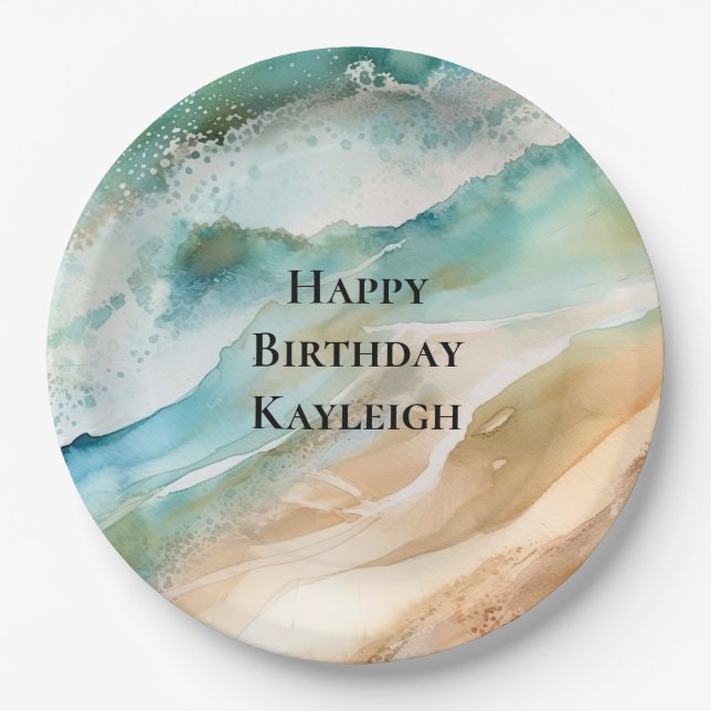Assiettes En Carton Beach Cream Aqua Ocean Anniversaire (Devant)