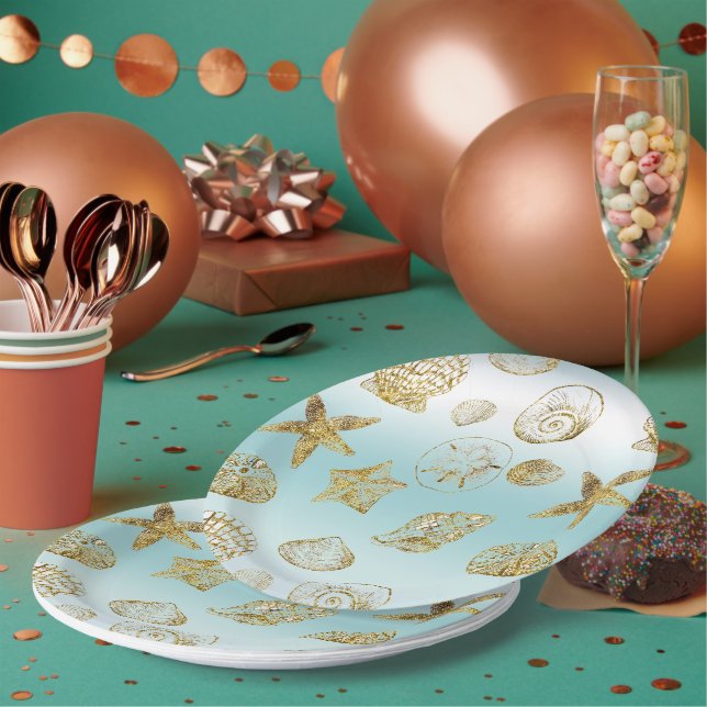 Assiettes En Carton Beach Gold Sea Shells Aqua Blue Ombre (Multi)
