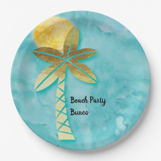 Assiettes En Carton Beach Party Bunco Bleu Aquarelle Or Palmier (Devant)